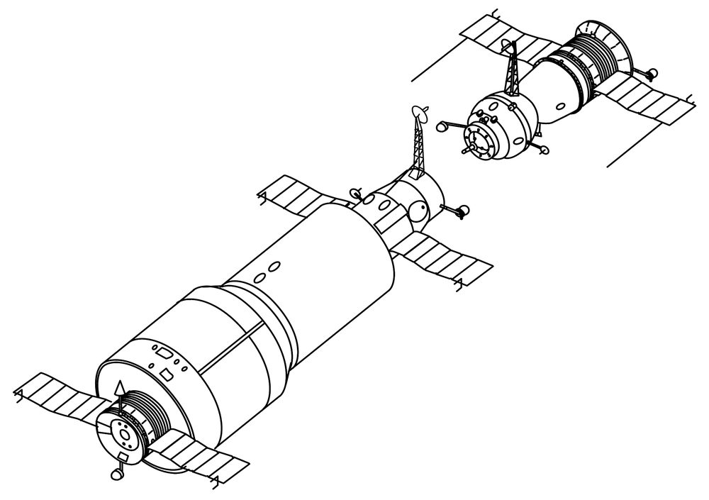 Ink line drawing of a long panelled cylinder and a smaller craft, docking ports facing