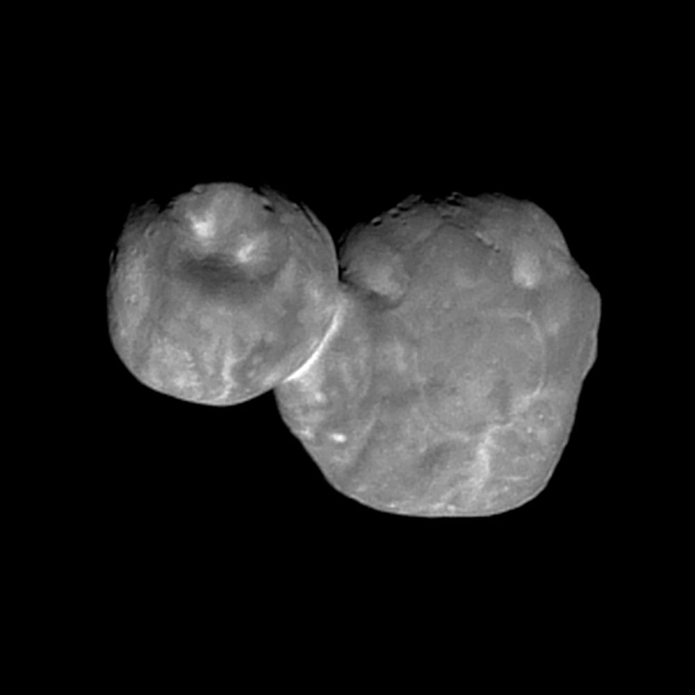 Two grey lobes of unequal size joined at a narrow neck, lit from the left