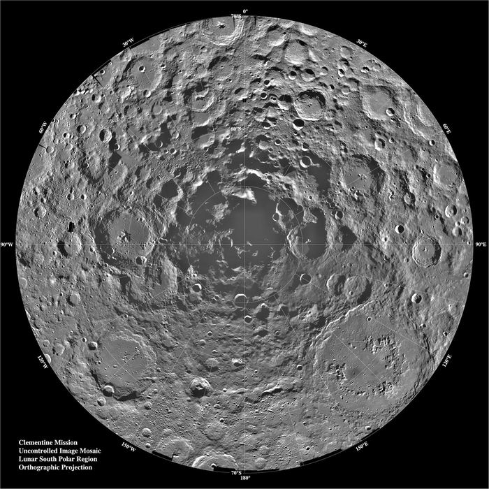 Circular polar map of grey cratered terrain, gridded in latitude and longitude, dark centre