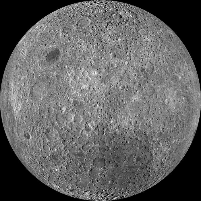 Full grey lunar disc against black, densely overlapping craters and almost no dark plains