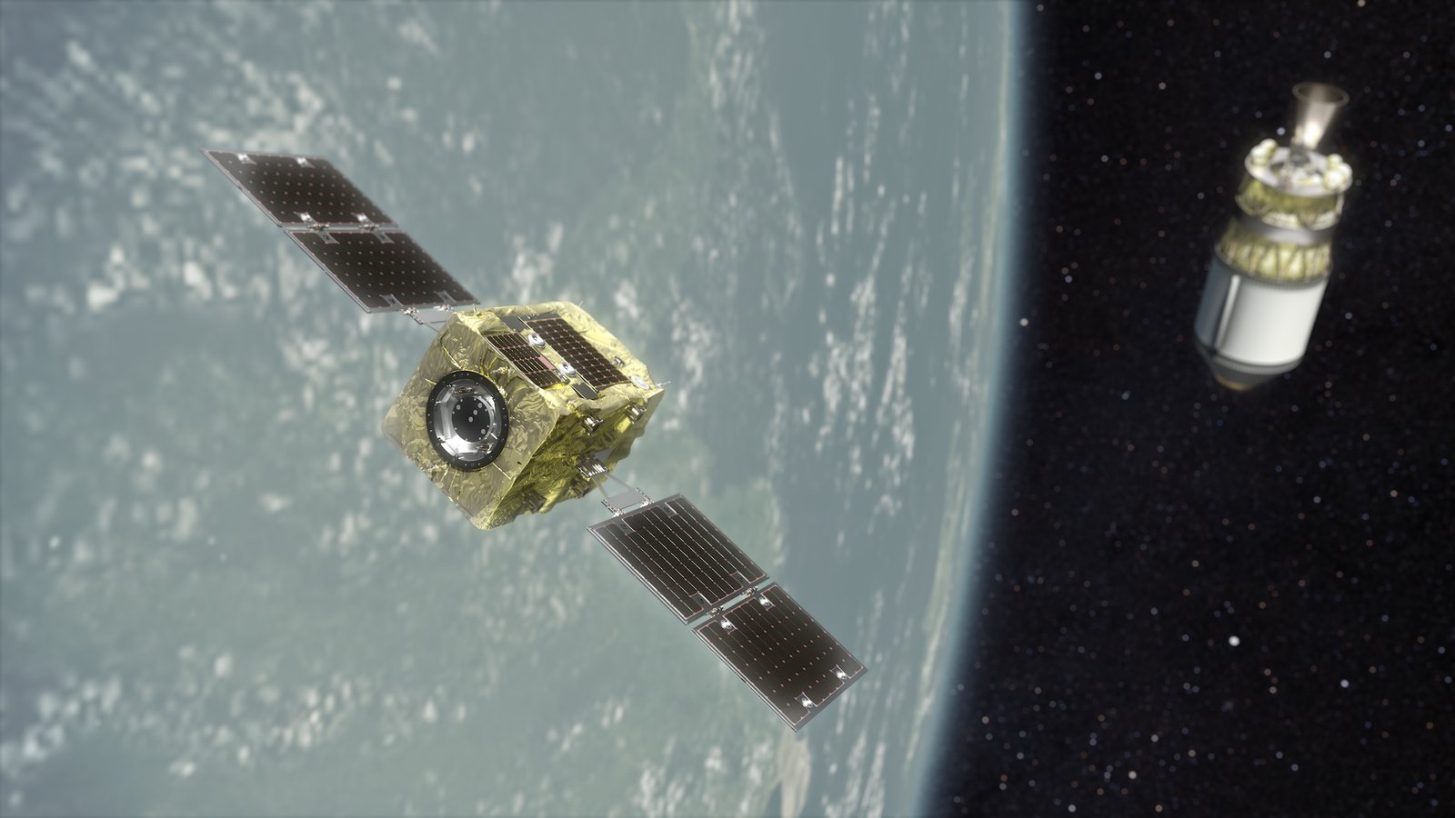 Rendering of a boxy gold-foiled spacecraft with four dark solar wings closing on a white and gold rocket stage above Earth