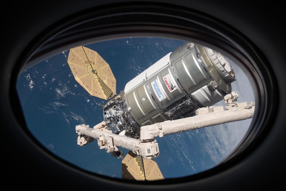 Through an oval window, a ribbed grey cylinder with circular gold solar arrays