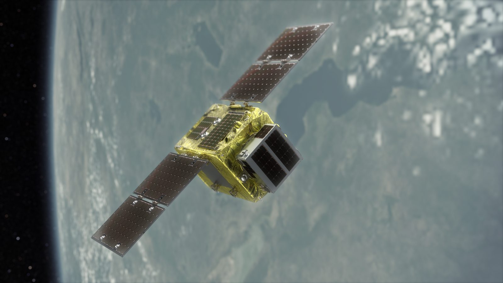 Gold-foiled servicer with two dark solar wings, a small grey client cube clamped to its side, above a cloudy Earth