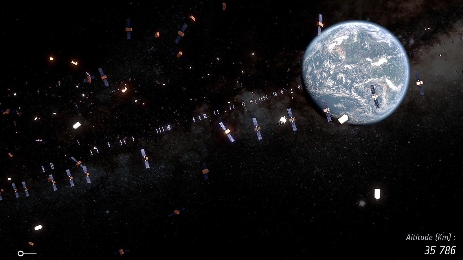 Rendering of Earth from far above, satellites and debris strung along the bright arc of the geostationary ring