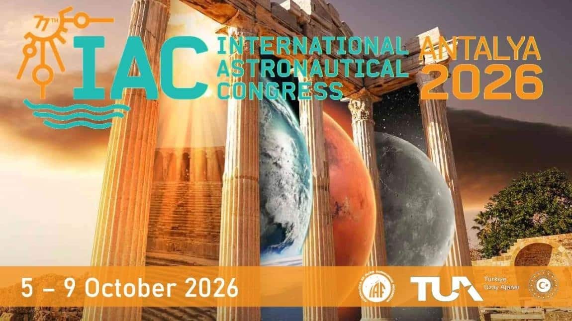 The IAC 2026 key visual: ancient columns against an orange sky, each column carrying Earth, Mars or the Moon, over the dates 5 to 9 October 2026